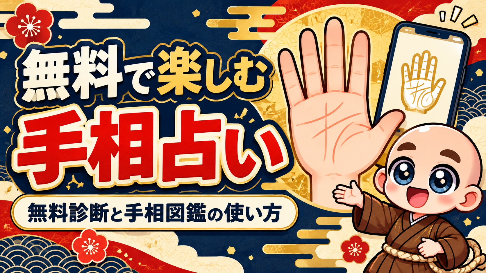無料で楽しむ手相占い。無料診断と手相図鑑の使い方を紹介する公式キャラクター入りサムネイル