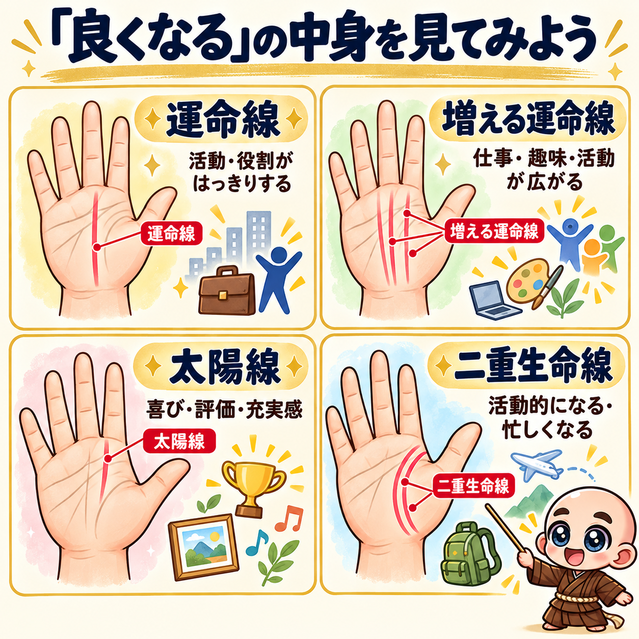 それぞれの手相が表す「良くなる」の違いの見分け図