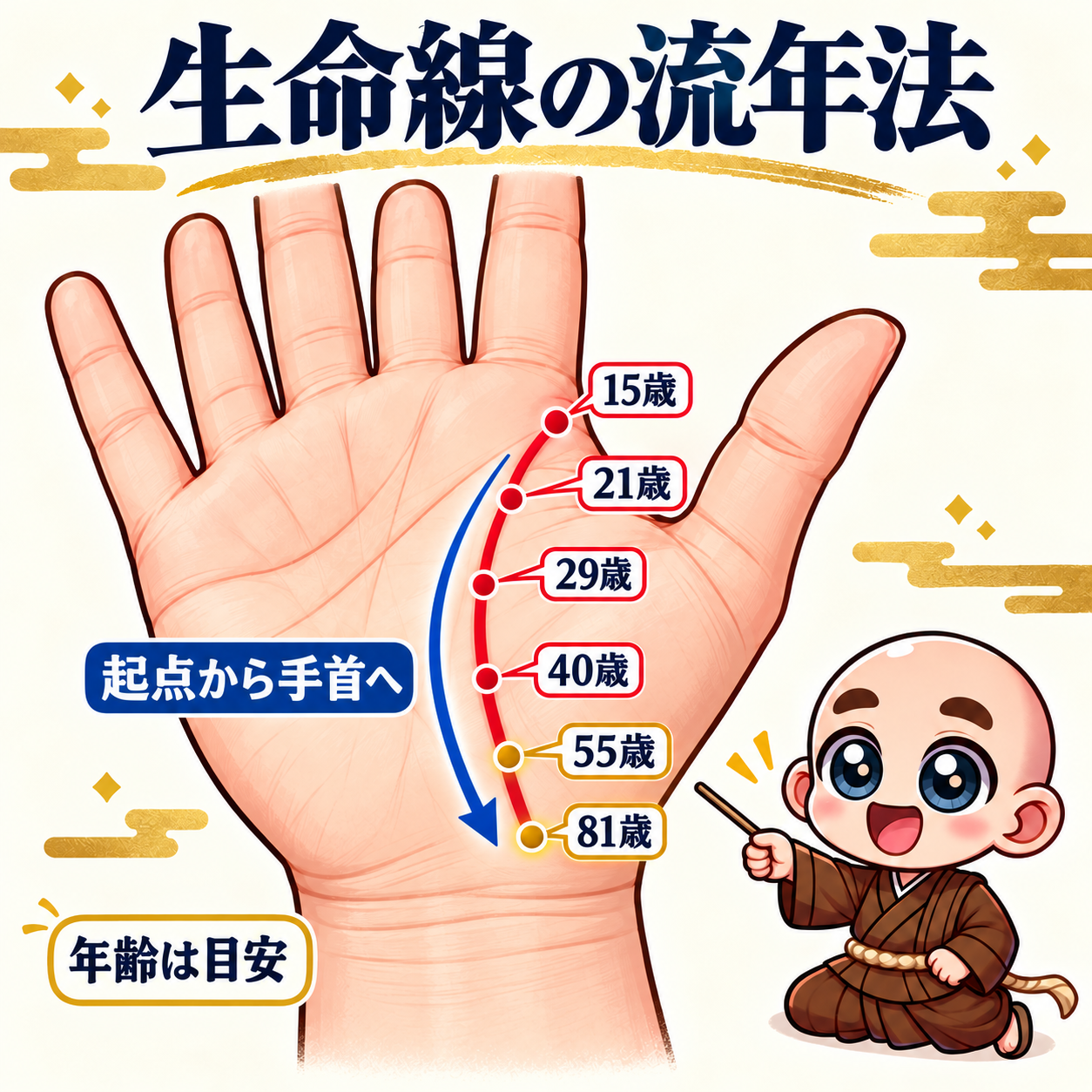 生命線の流年図。起点から手首へ15・21・29・40・55・81歳の目安