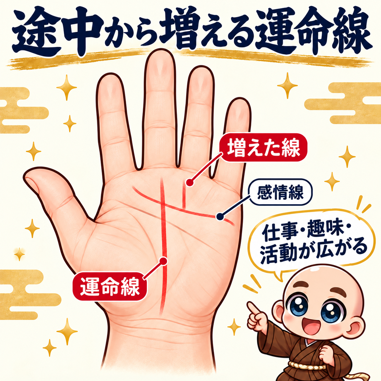 運命線が途中から増えているの見分け図