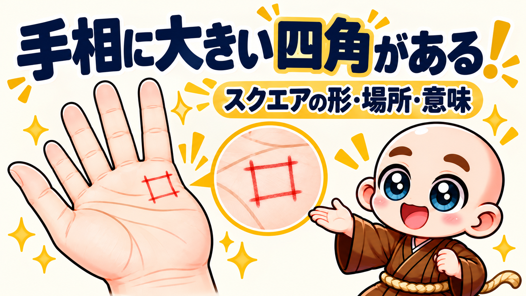 手相に大きい四角がある!スクエアの形と場所別の意味|公式キャラクター入り専用サムネイル
