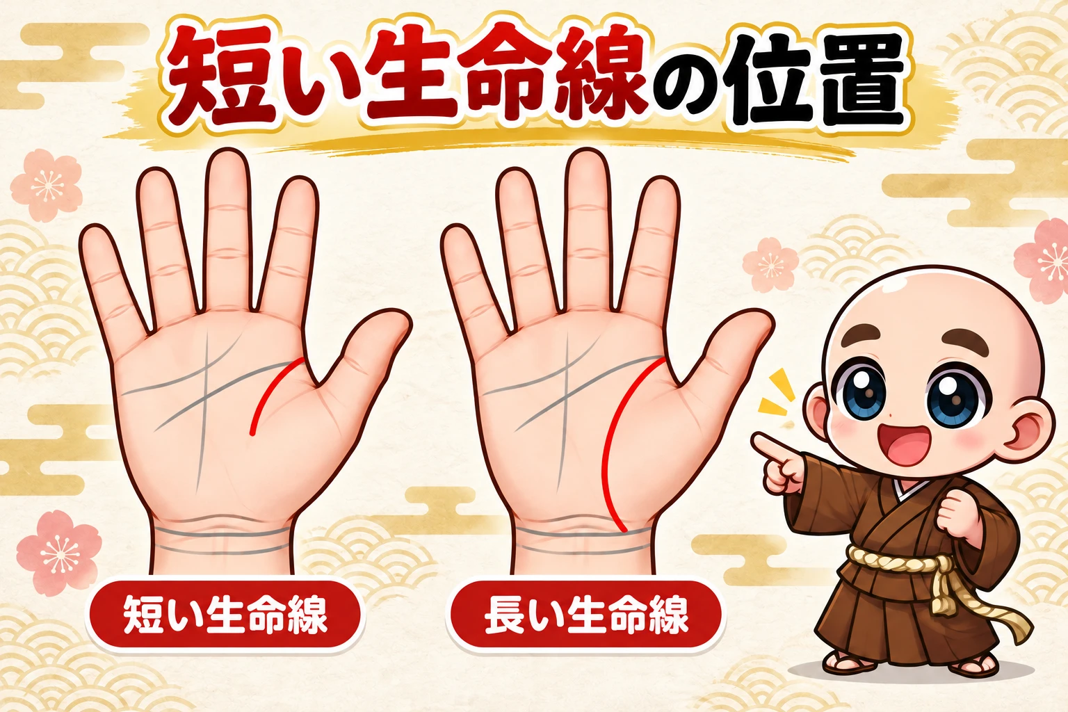 短い生命線の位置を赤い線で示した解説図