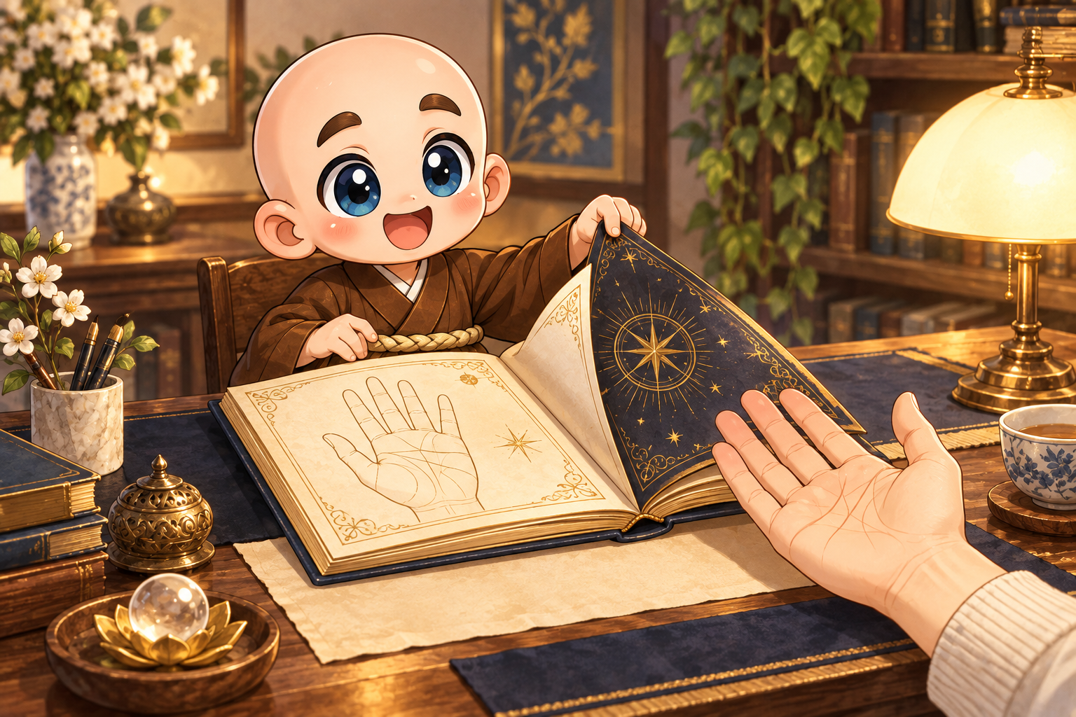 公式キャラクターが手相鑑定書を紹介するイラスト