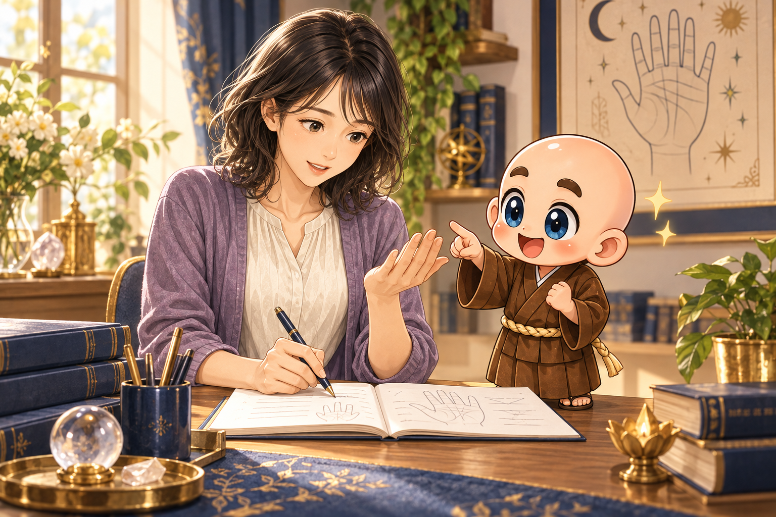 公式キャラクターが手相のプロ講座・受講生事例を紹介するイラスト