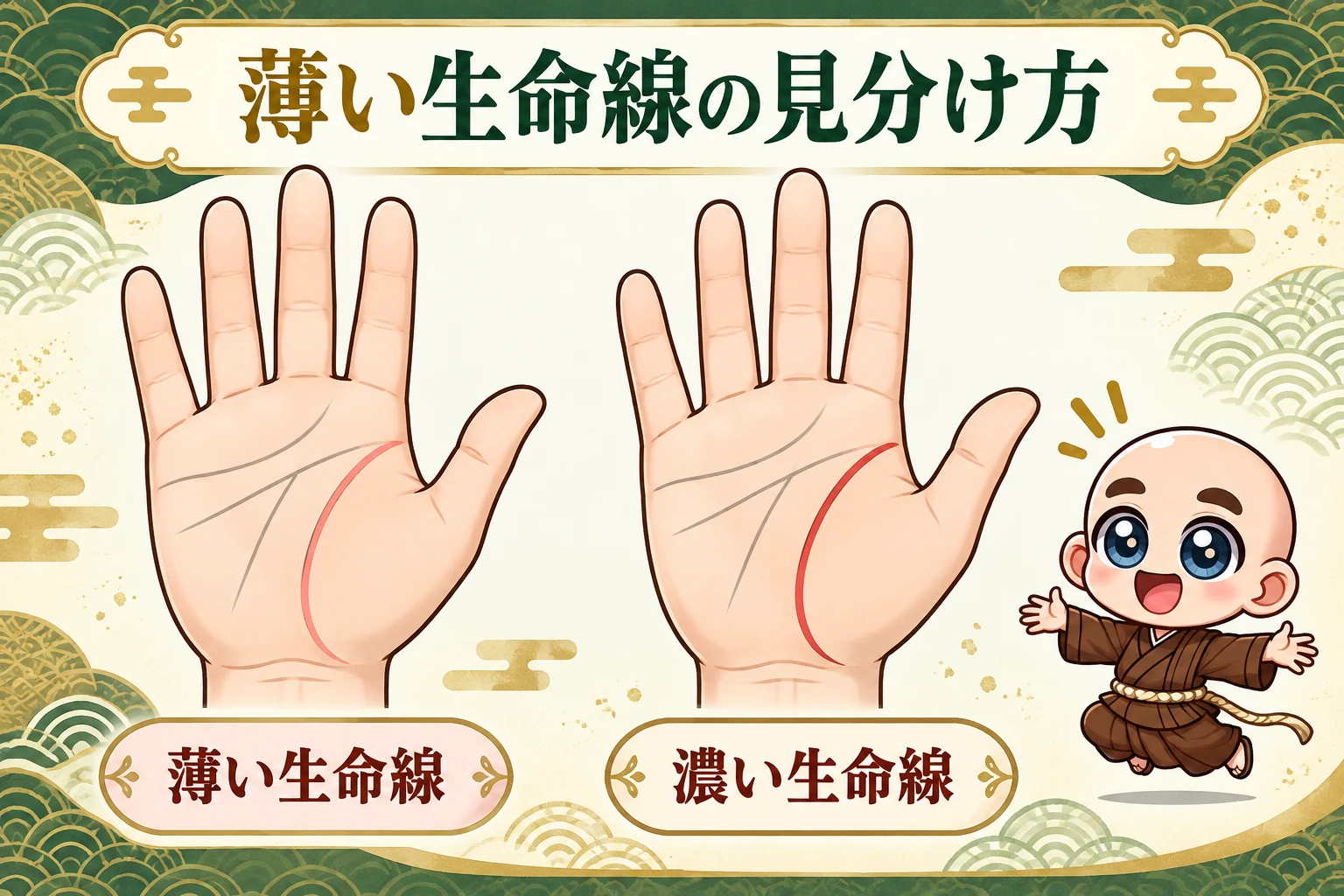 薄い生命線の位置を赤い線で示した解説図