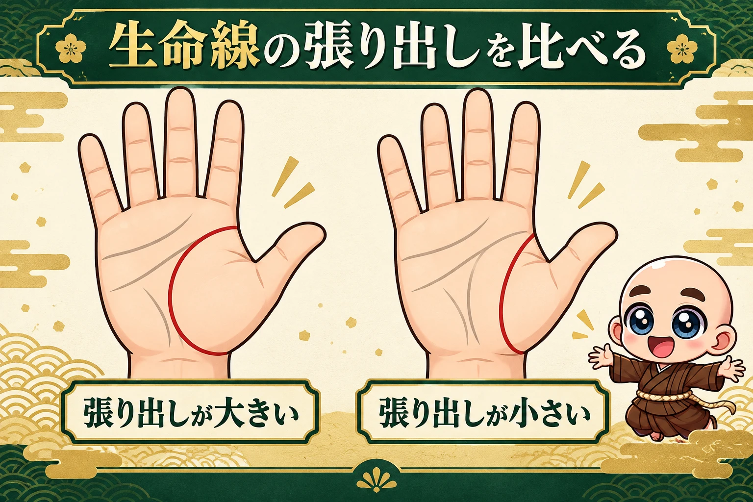 大きく張り出す生命線の位置を赤い線で示した解説図